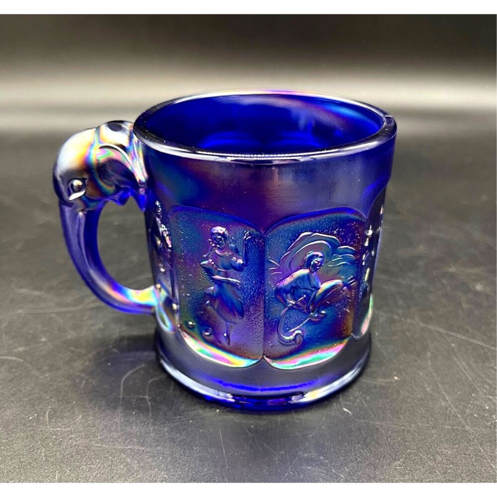Vintage Imperial Glass Nursery Rhyme Blue Carnival Glass Child's Mug Elephant